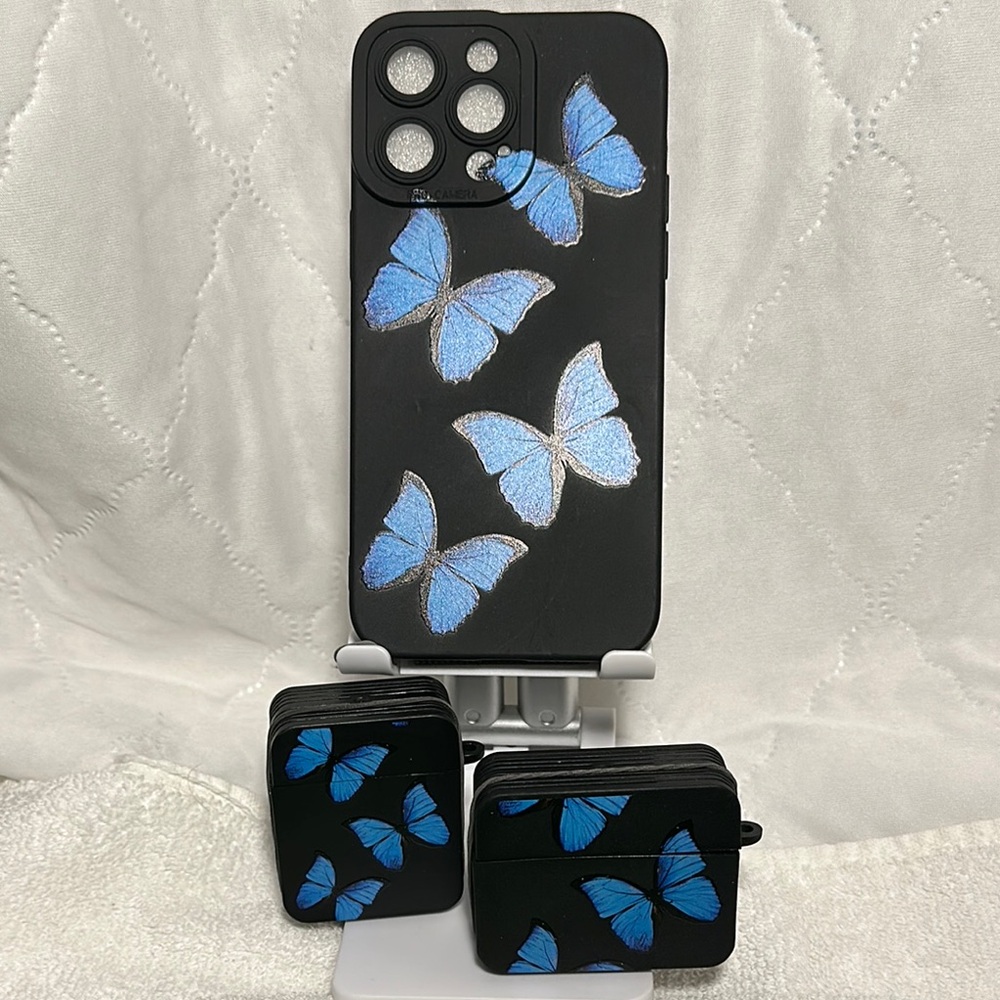 Black and Blue Butterfly iPhone14 Max Pro Phone Case and AirPod Case Set
